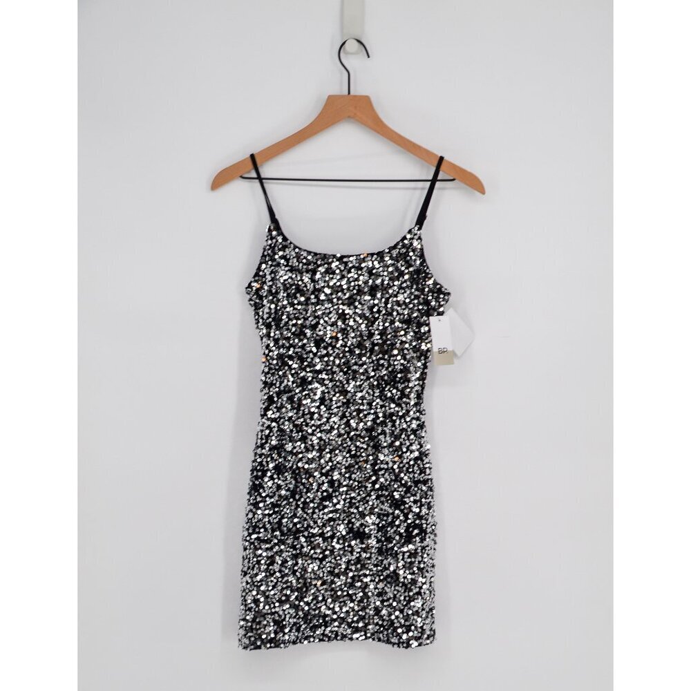 BP Night Out Sequin Camisole Mini Dress Black Women's XS Shimmer Scoop Disco LBD